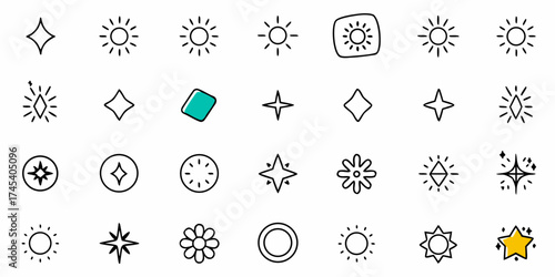 Sparkling stars, radiant suns, and geometric shapes offer a versatile collection of hand drawn icons perfect for creative projects and digital design elements