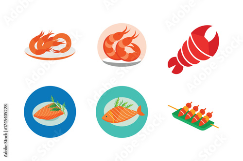 Vibrant collection of delicious seafood and fresh vegetables arranged in colorful circular designs