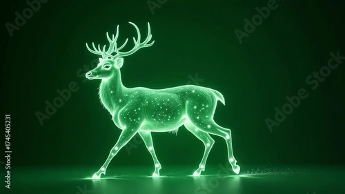 Majestic glowing deer illustration with intricate antlers, walking with ethereal light on a dark background.