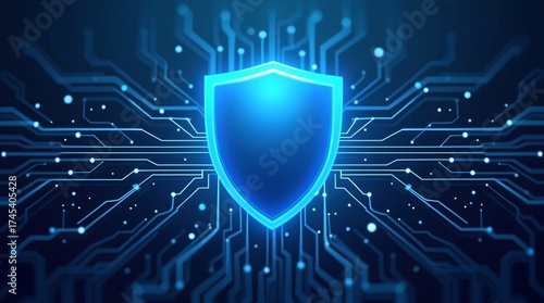 A glowing blue shield is centered, with blue circuit like patterns in the background, symbolizing cybersecurity.