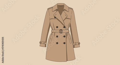 vector illustration of a beige trench coat, double-breasted buttons, belt and collar