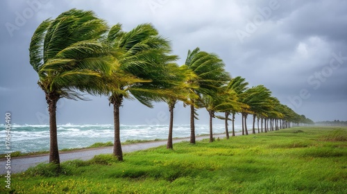 Strong wind hurricane hitting island flood concept. Stormy weather over lined palm trees by the ocean shore.