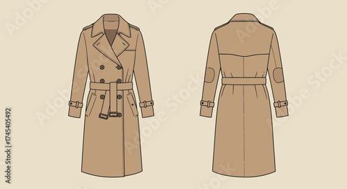 vector illustration of a beige trench coat, double-breasted buttons, belt and collar