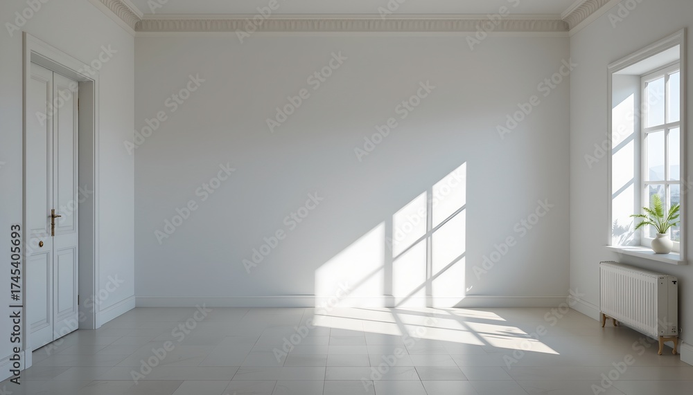 Obraz premium An empty room with high ceilings. The space is dominated by natural light streaming in from a large window
