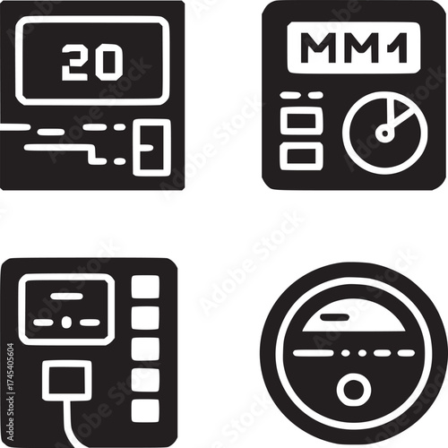 Four black and white icons depicting electronic devices and measuring instruments in a grid format