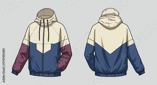 vector illustration of a lightweight windbreaker jacket, two-tone color blocks