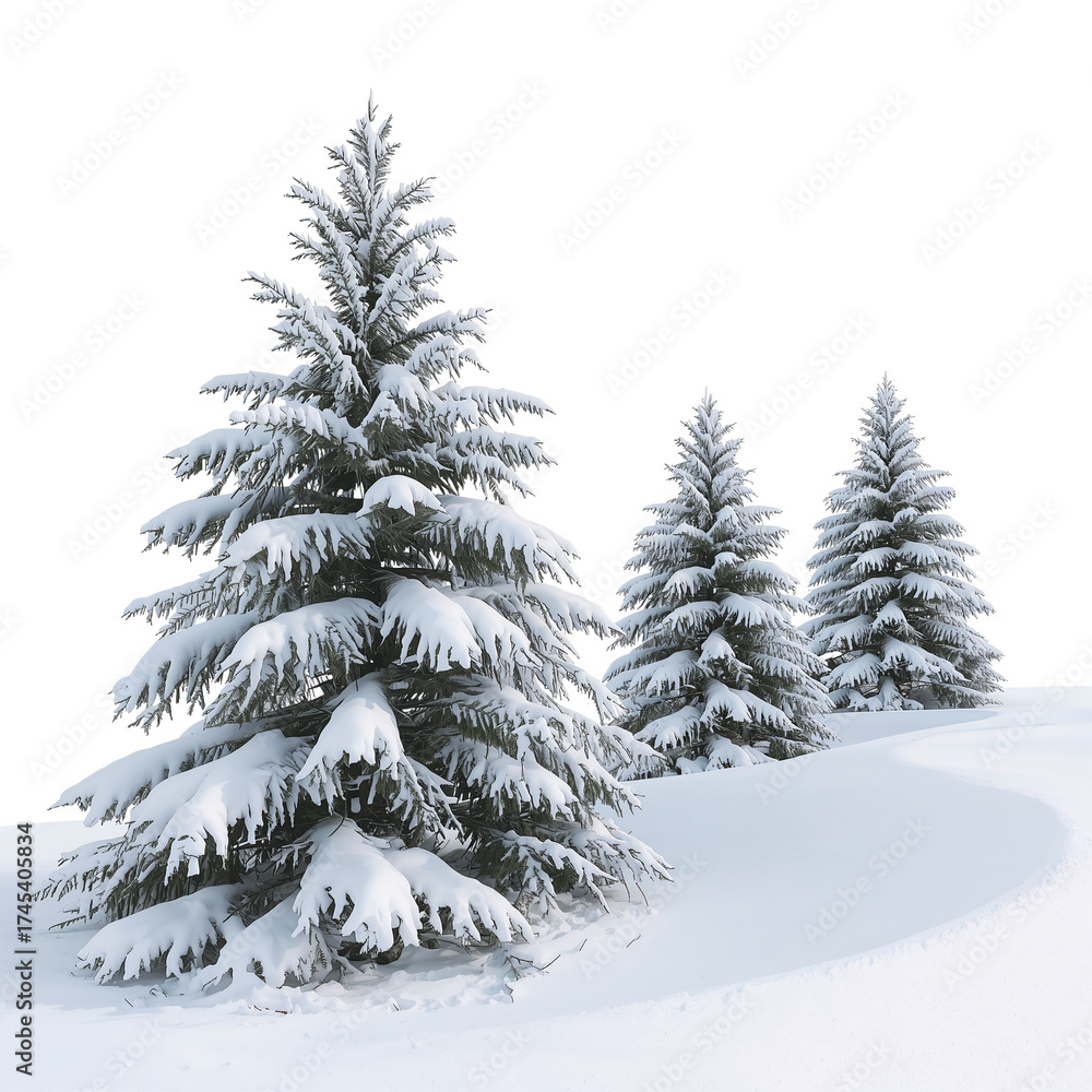 Fototapeta premium Snow-covered pine trees creating a serene winter landscape against a black backdrop
