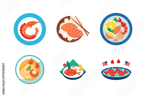 Six colorful and delicious asian seafood dishes arranged in a grid layout