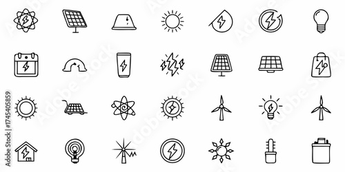 Icon set for renewable energy sources and power generation concepts featuring solar panels, wind turbines, light bulbs, and lightning bolts for eco-friendly design projects