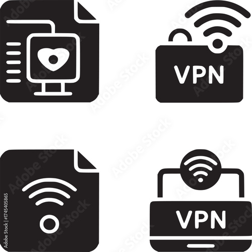 Four black glyph icons depicting vpn connections and secure data transfer on a white background