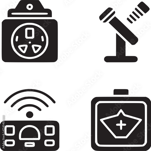 Four black and white icons depicting a plug, microphone, radio, and first aid kit in a grid layout