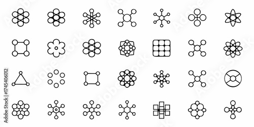 Modern science and technology icons representing molecular structures, atomic models, and network connections for innovative projects and digital concepts