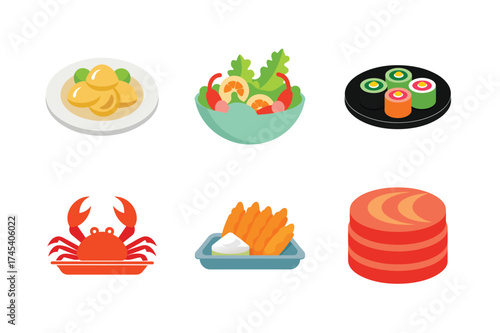Collection of six delicious japanese food illustrations on a clean white background