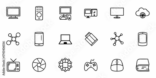 Modern technology icons showcasing computers, mobile devices, cloud storage, and connectivity for dynamic digital content creation and business presentations