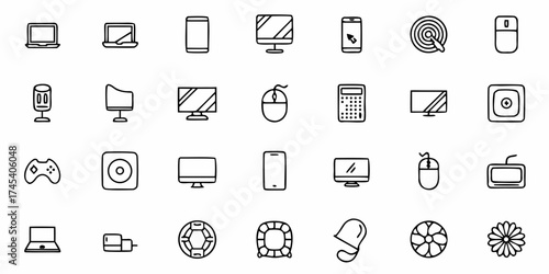 Dynamic collection of modern technology and digital icons representing devices, communication, and connectivity for innovative design projects and digital content creation