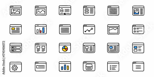 Diverse collection of modern UI elements and web interface icons, perfect for digital design projects and app development, offering clean, intuitive visual cues for user experience enhancement