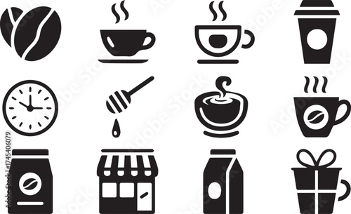 Coffee shop icons including beans cups clock honey dipper store milk gift steam