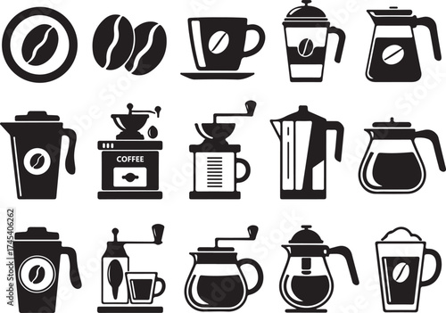 Collection of black coffee icons including beans cups grinders and pots vector
