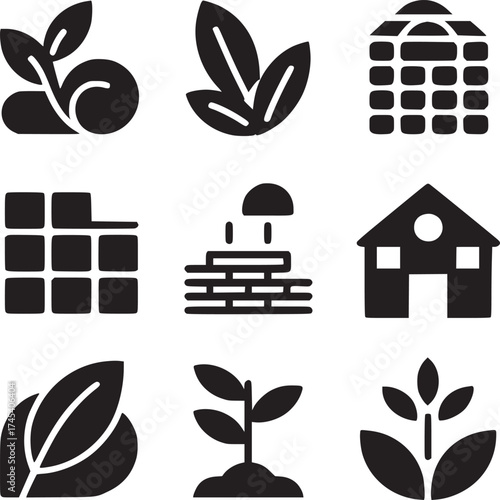 A collection of nine black glyph icons representing nature construction and architecture elements