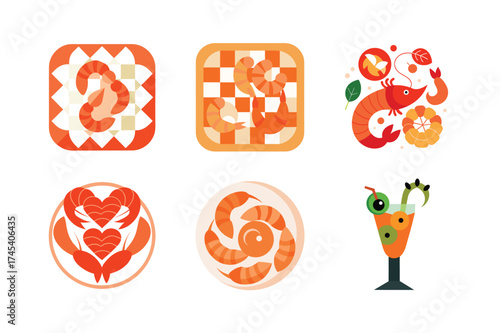 Creative shrimp and cocktail arrangements artfully displayed on a clean white background
