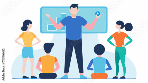 A fitness coach leading a group session with participants wearing various health trackers that sync to a central display showing group performance metrics.