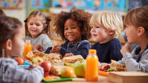 Happy Children Sharing Lunch at Preschool Table