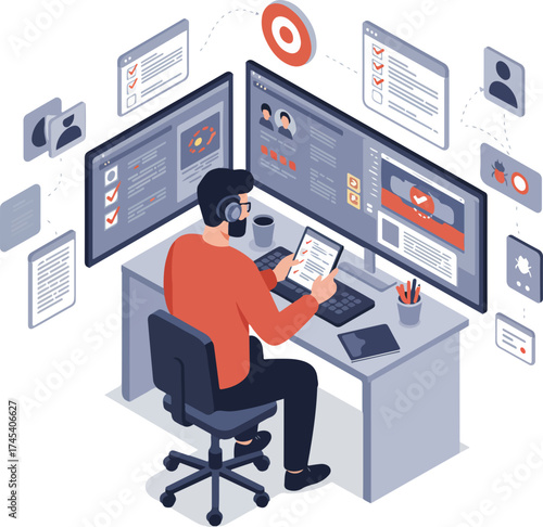 Isometric Workspace with Two Monitors and Person for Web Development