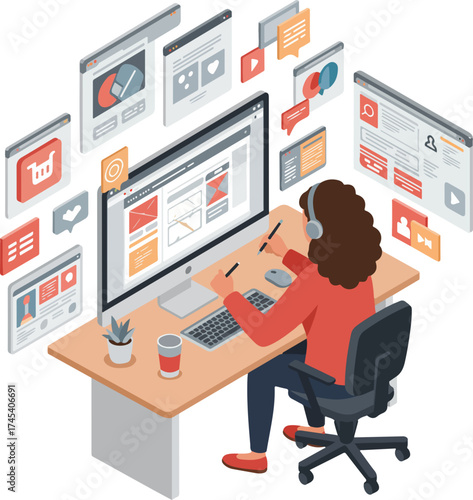 Isometric Graphic Designer Working on Website Development Illustration Concept
