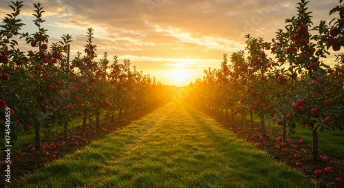 Sunset Glow over Lush Apple Orchard Row with Sunbeams and Warm Hues in Rural Landscape