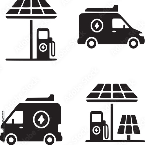 Four black and white icons depicting electric vehicles and solar charging stations in a grid pattern