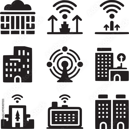 Collection of nine black wifi building and antenna icons arranged on a white plain background
