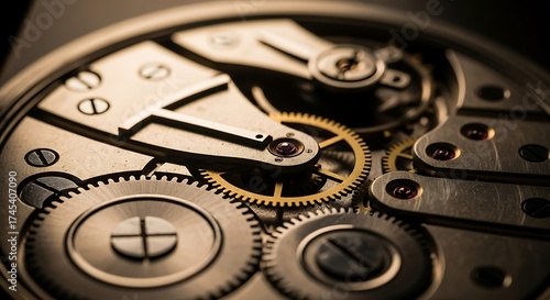 Intricate metallic gears of a watch mechanism, a close-up view of precision engineering.