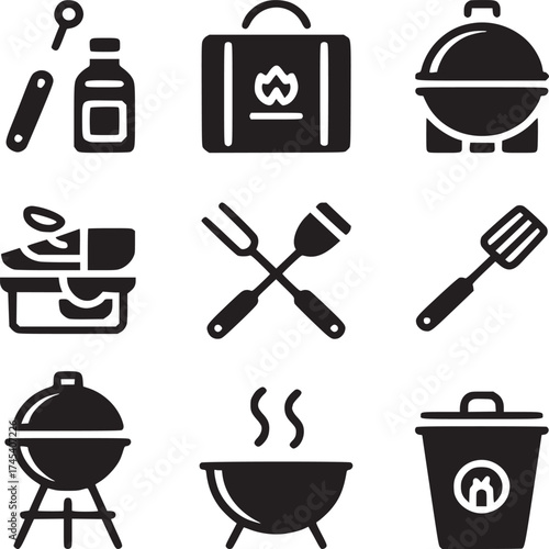 A collection of barbecue related icons including grills utensils and accessories in a grid format