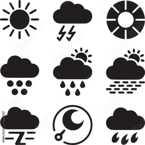 Collection of various weather condition icons including sun cloud rain and moon on a white background