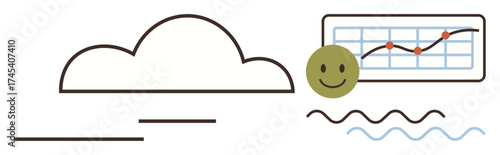 Cloud, graph with trendline and happy face, wavy lines. Ideal for data analysis, cloud technology, progress, performance, innovation positivity growth. Simple flat metaphor