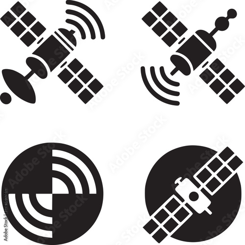 Four satellite icons in black and white showing communication and technology in space exploration