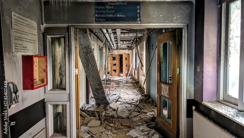 Derelict abandoned hospital hallway entrance, collapsing corridor doorway debris. Eerie deserted vandalised NHS medical facility falling apart in disrepair. Natural disaster earthquake aftermath.