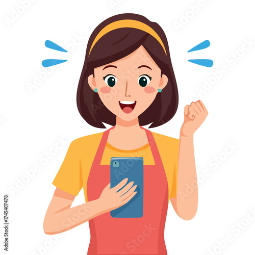 A housewife or a woman looks excited to see her smart phone. Vector illustration to describe successful effort of business or work from home, extra money and mom entrepreneur. 