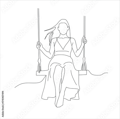 Girl swing on a swing. line art