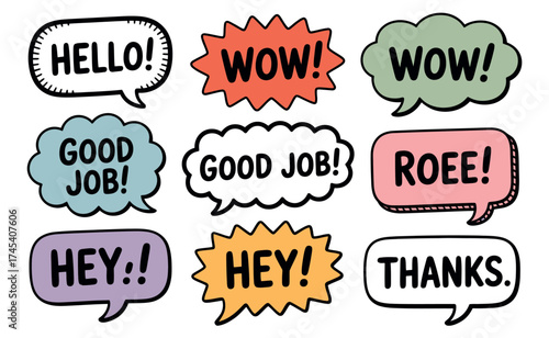 Collection of nine colorful speech bubbles with positive exclamations and greetings
