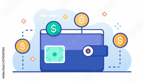 A digital wallet interface with animated currency symbols representing various cryptocurrencies showing how transactions are made securely.