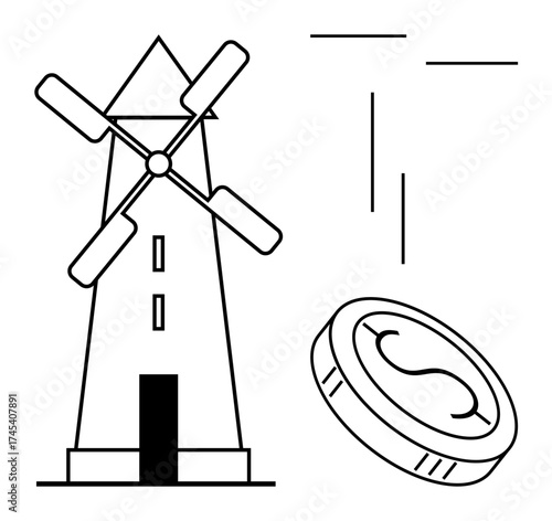 Windmill and falling coin symbolizing clean energy, financial gain, eco-friendly solutions. Ideal for sustainability, investment, renewable energy, green finance, economy, innovation ecological