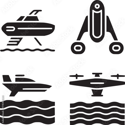 Diverse watercraft and aerial vehicles presented in a minimalist black and white vector style design