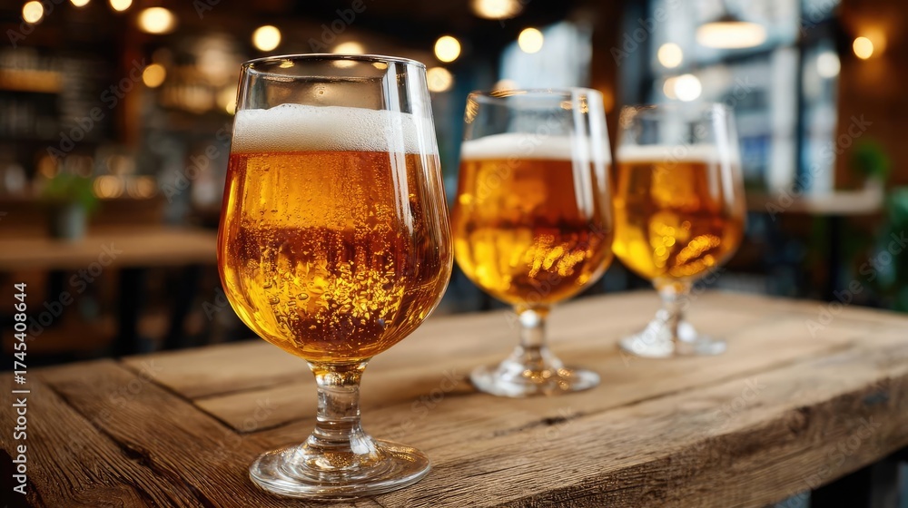 Obraz premium Two glasses of beer on wooden table in pub or restaurant concept. Three glasses of golden beer on a rustic wooden table.