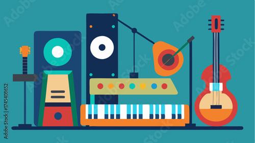 A collection of musical gear including a guitar synthesizer and drum machine arranged on a table with studio lighting.