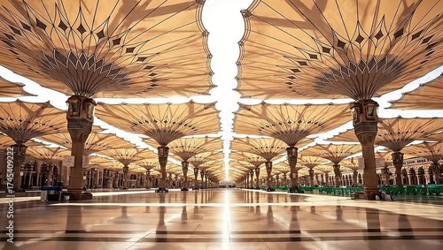  Intricate patterned umbrellas providing shade over a grand walkway in a holy islamic site video
