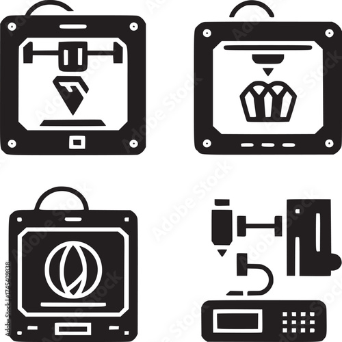 Four black and white icons depicting different types of printers and printing technologies shown together