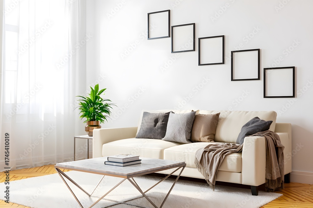 Fototapeta premium Cozy modern living room with a plush sofa decorative pillows and empty photo frames on the wall modern living room , interior design ,white blank frames
