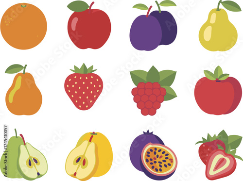 Collection of colorful flat design fruits including apples pears plums strawberries passion fruit