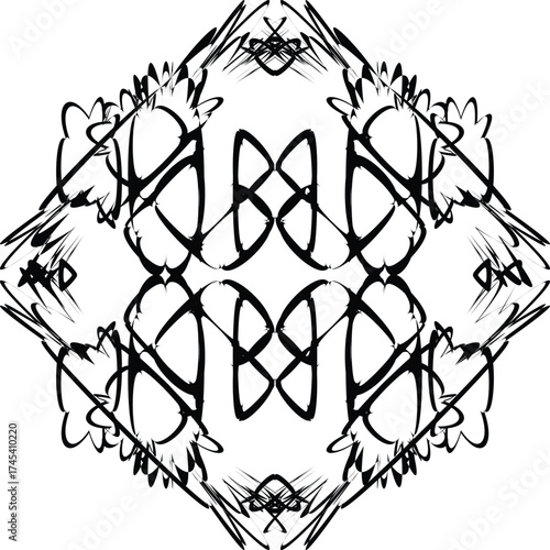  a black and white illustration of a symmetrical, abstract design. It appears to be a digital drawing, possibly a tattoo design or a decorative pattern.
